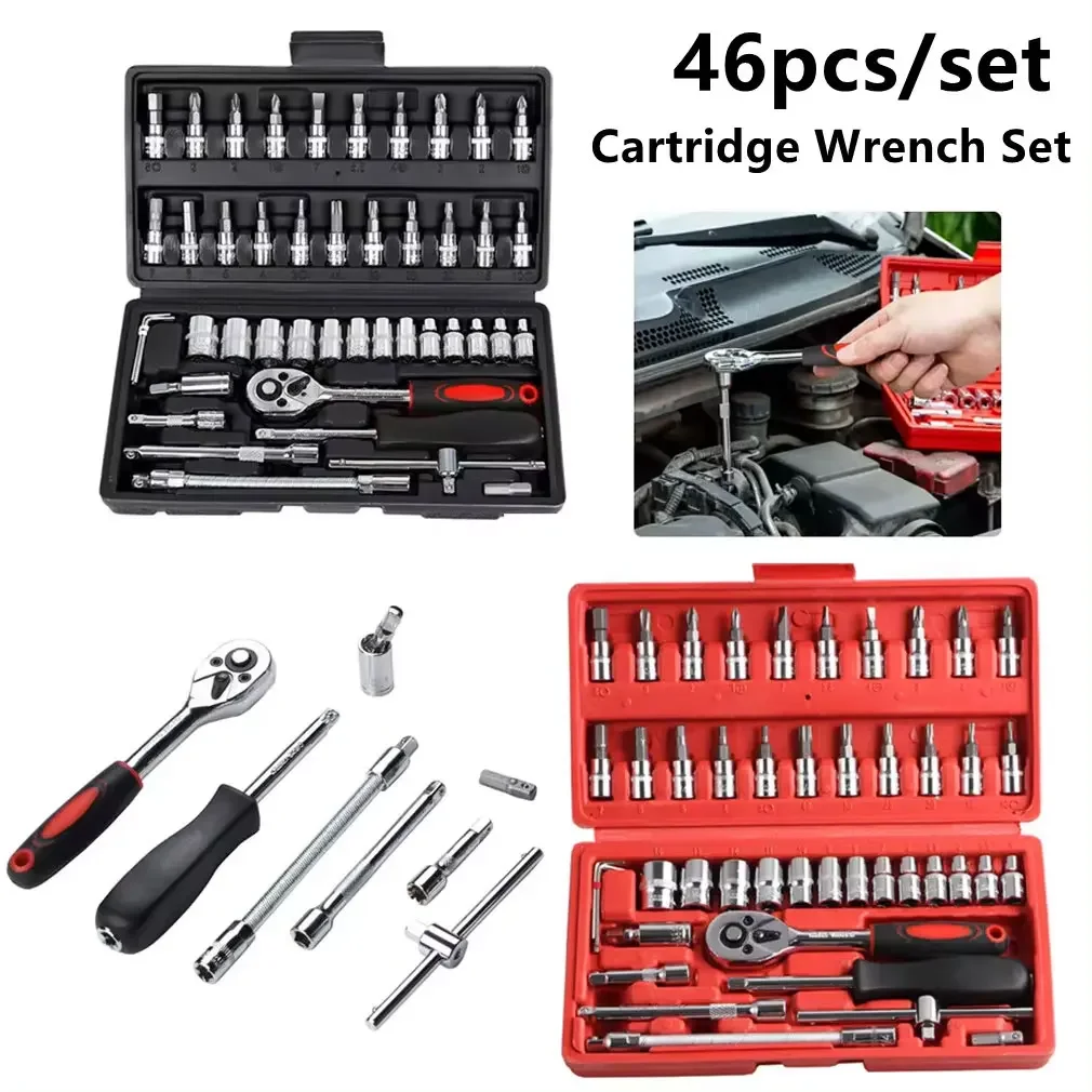 46pcs 1/4 Inch Drive Socket Set Ratchet Wrench Set Car Tool Kit, Bit Socket Wrench Set Metric Mechanic Tool Set Car accessories