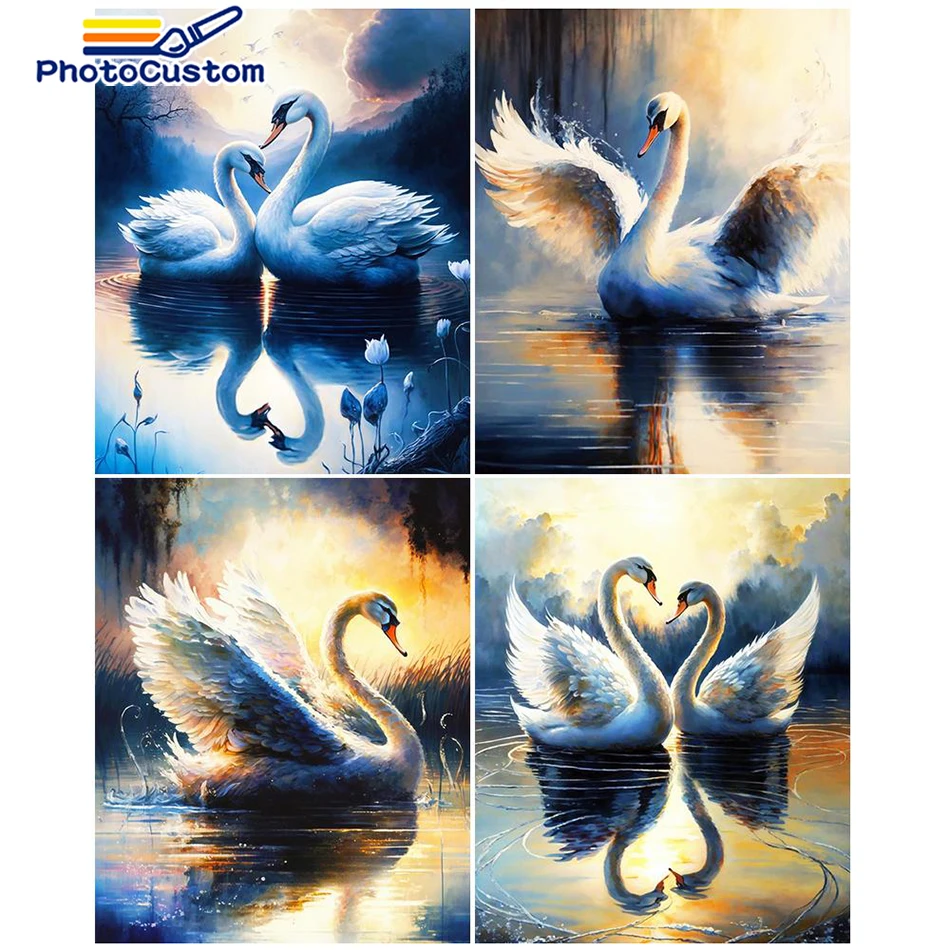 

PhotoCustom Painting By Number Swan On Canvas For Adults Diy Kit Landscape Drawing Acrylic Paint Oil Picture Of Coloring By Numb