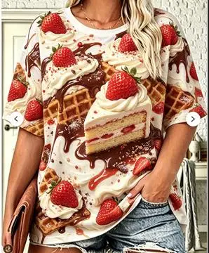 Women Crew Neck Short Sleeve T‑shirt Strawberry Cake Waffle Cream Chocolate Dessert Food Print Casual Summer Tops