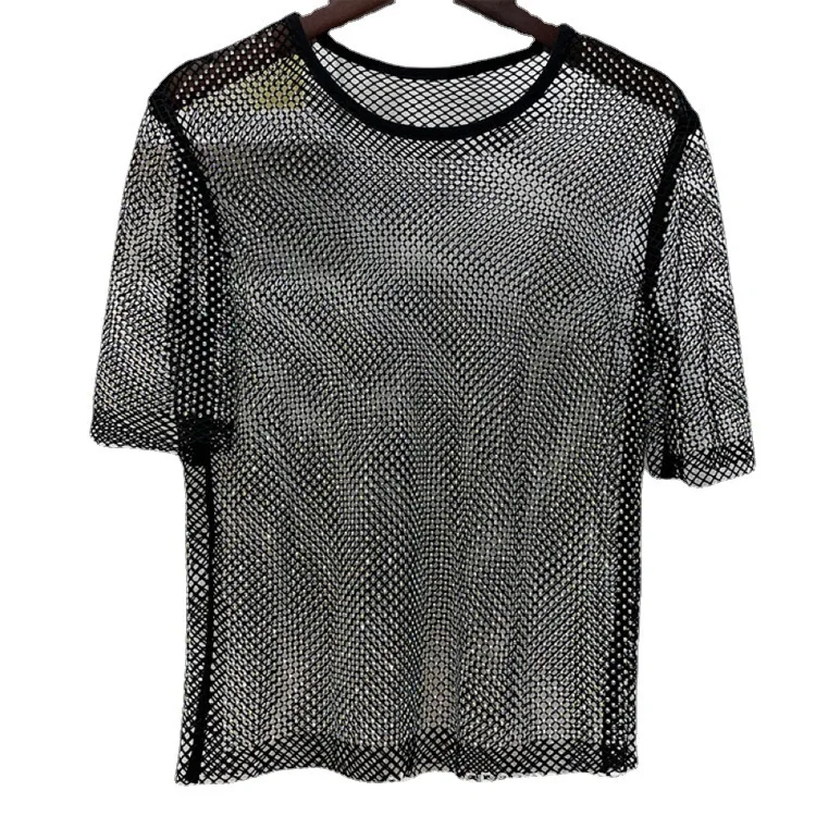 

Bling Rhinestone Fishnet Sheer Tshirt for Women Summer Loose Short Sleeve Breathable Tee Tops Camisetas Crop Top Women T-shirts