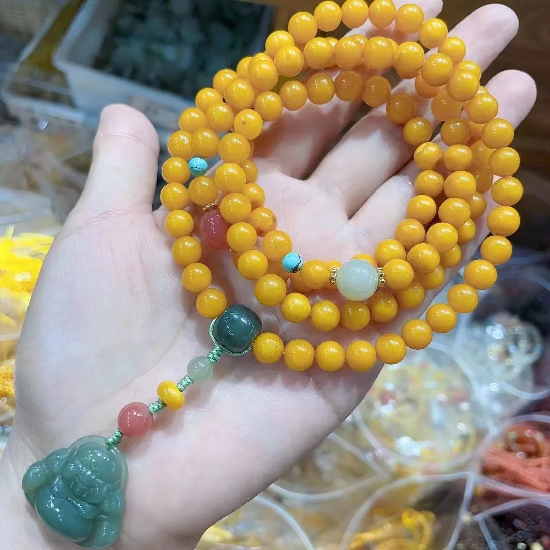 

Natural 100% real yellow amber carved 8mm round beads and Hotan Jade Buddha Multi-loop bracelet sweater chain for woman men Gift