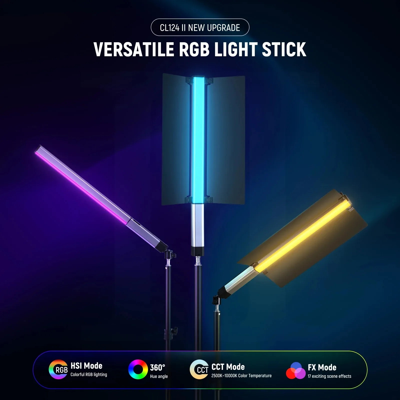 For  CL124 II RGB Handheld LED Light Stick Video Light Wand 3200mAh Battery 360°Full Color Tube Lighting Metal APP Control