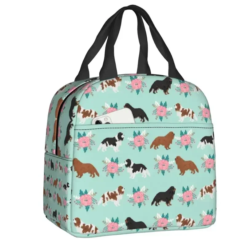 Cavalier King Charles Spaniel Insulated Lunch Bag Portable Floral Bouquet Dog Breed Thermal Cooler Lunch Box Beach Camp Travel