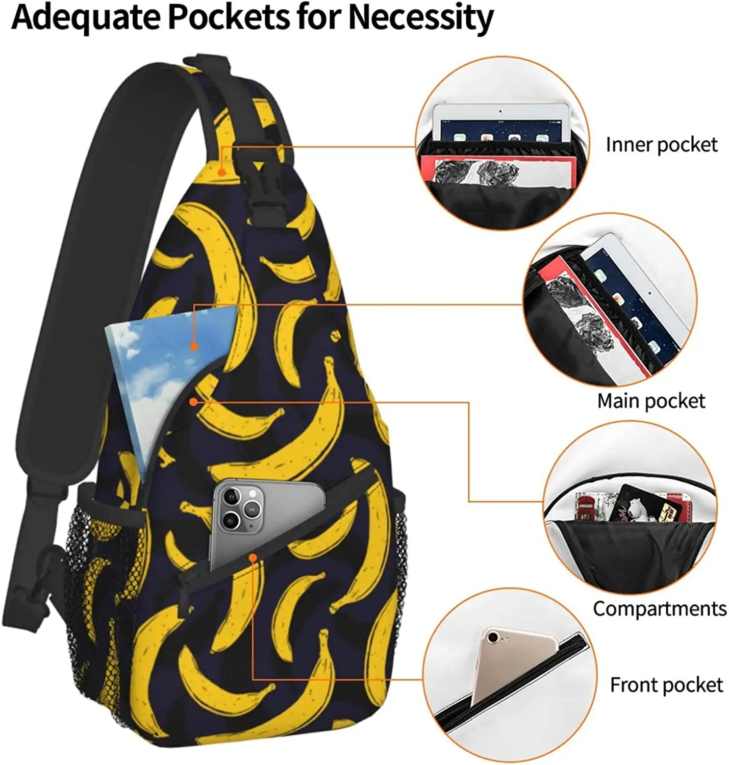 Banana Seamless Pattern Sling Bag For Women Men,Fruits Print Crossbody Shoulder Bags Casual Sling Backpack Chest Bag Daypack