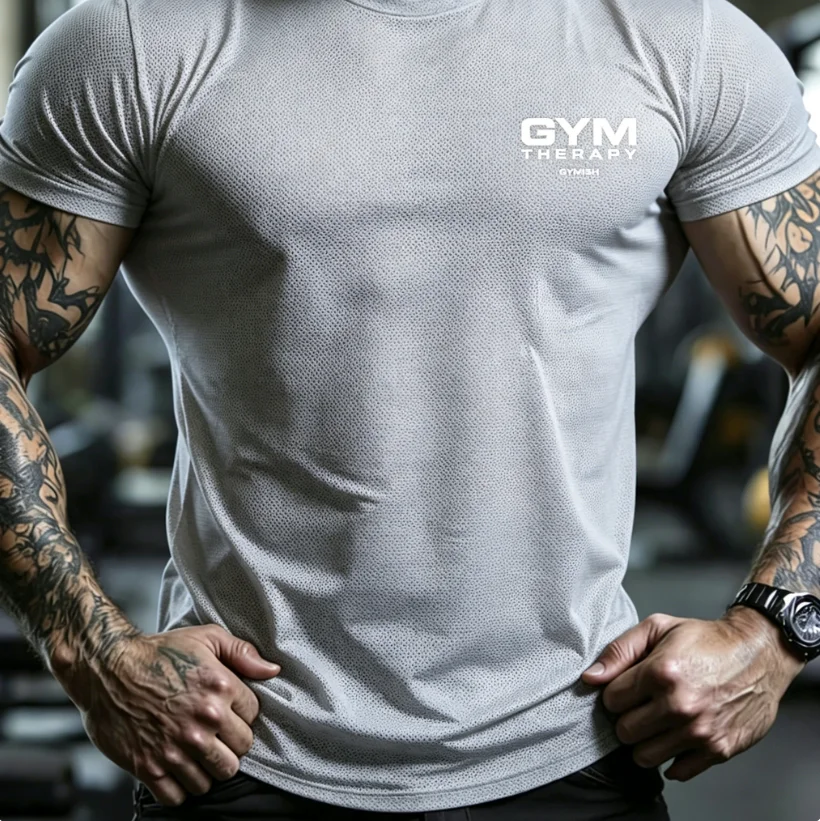 Neues Herren-Fitness-T-Shirt mit GYM-Buchstaben-Print, bequem und atmungsaktiv, Rundhals-T-Shirt für Outdoor-Sport. – Detail 6