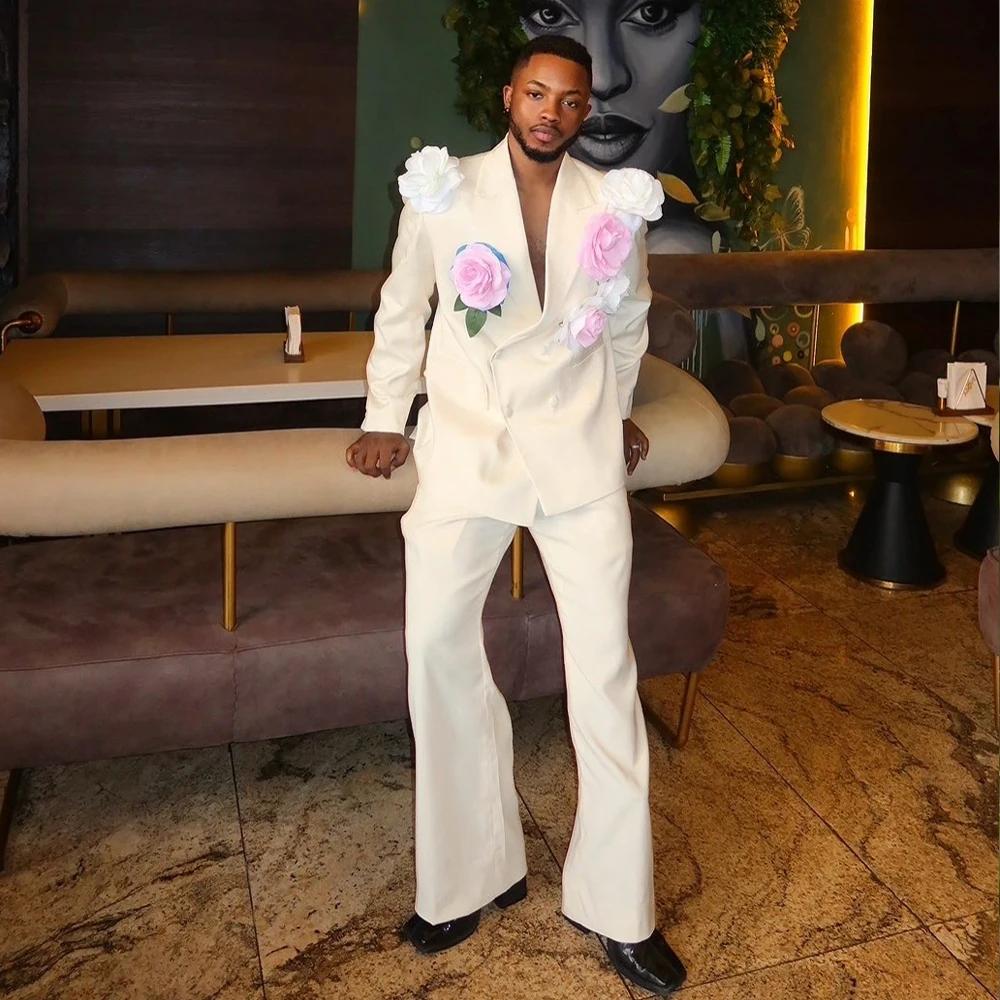 

Luxury Men's Suit 2 Pieces Peaked Lapel Double Breasted Evening Suit for Men Flowers White Prom Slim Set Jacket+Pants Customized