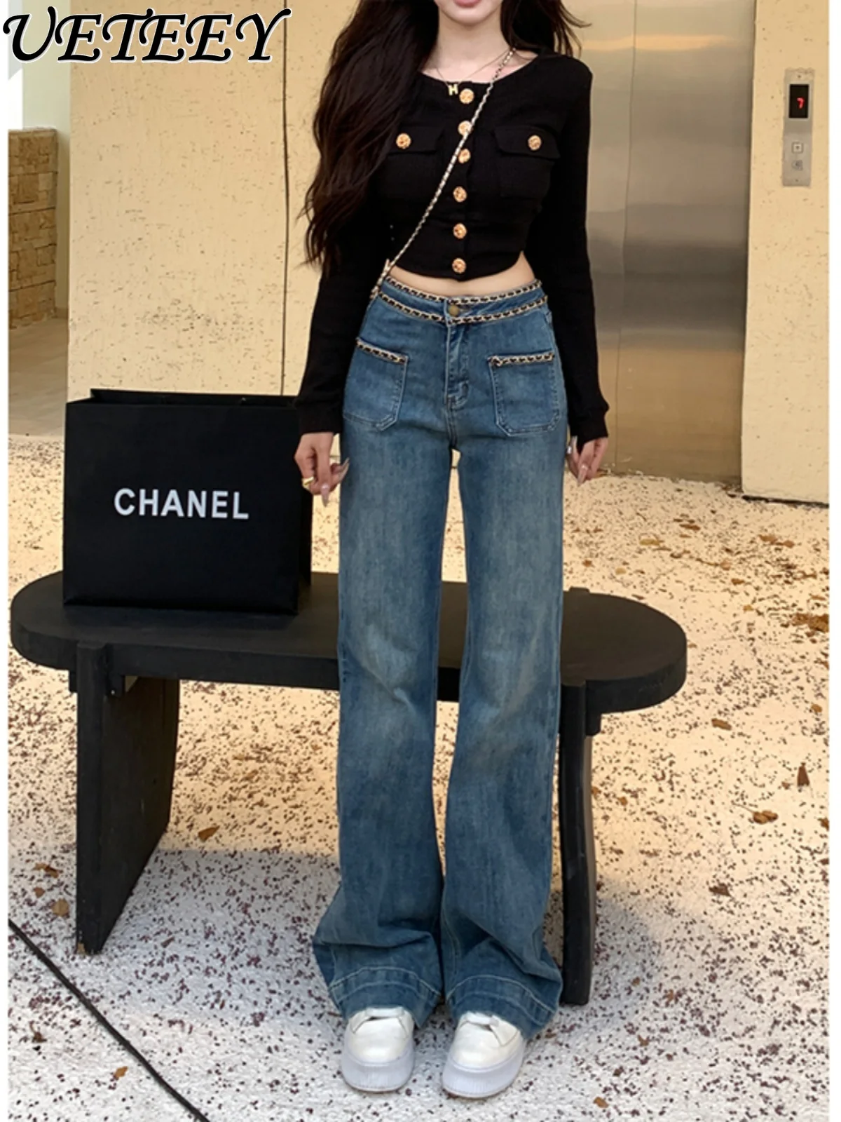 Fleece Chain Decorative Straight Denim Pants Women's Autumn New High-waisted Thin Elastic Versatile Wide-leg Loose Jeans