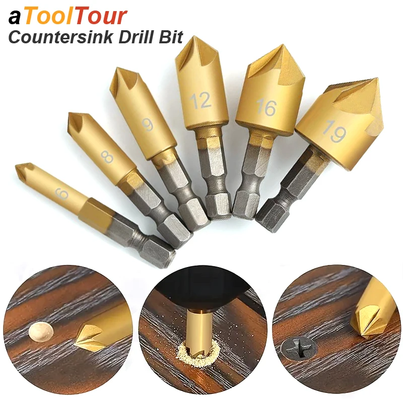 Countersink Drill Bit Set Chamfer 1/4' Hex 5 Flute Counter Sink Mill Cutter for Wood Soft Metal Rubber Plastic Woodworking