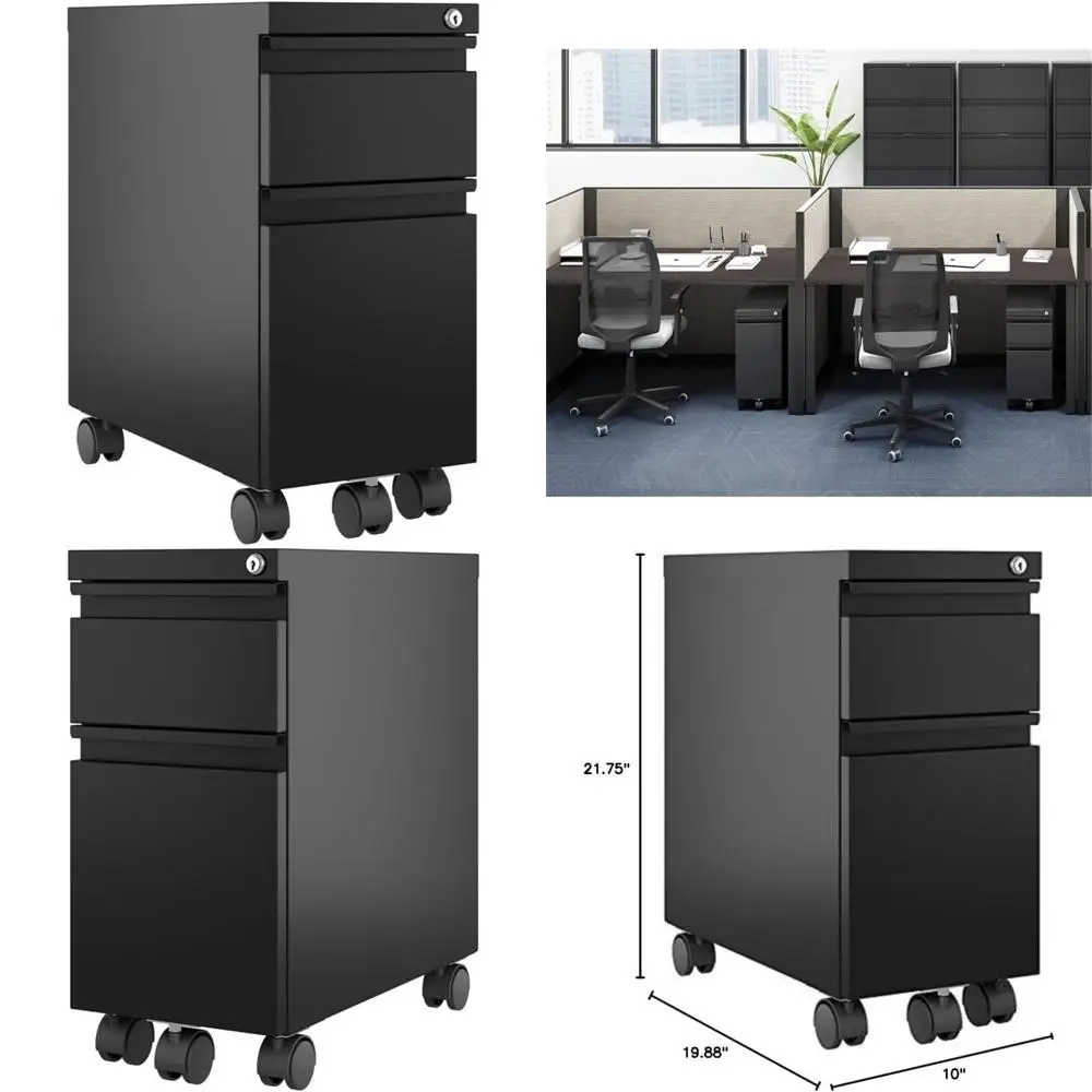 خزانة ملفات بقاعدة معدنية حديثة متنقلة بدرجين مع سحاب، أسود أنيق، حل تخزين المكتب