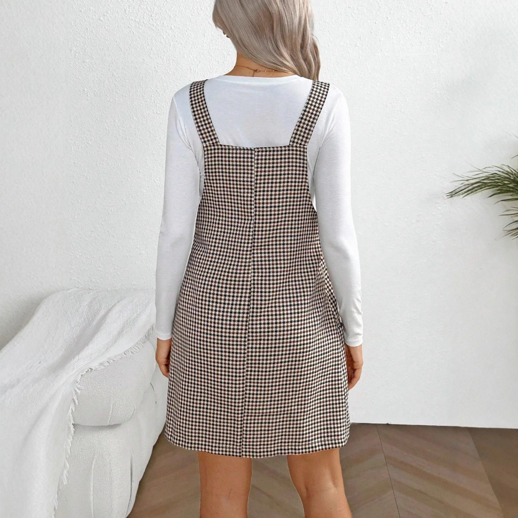 2026 Spring/Summer European and American Style Maternity Plaid Cami Dress Adjustable Straps Jumper Skirt for Pregnancy Women