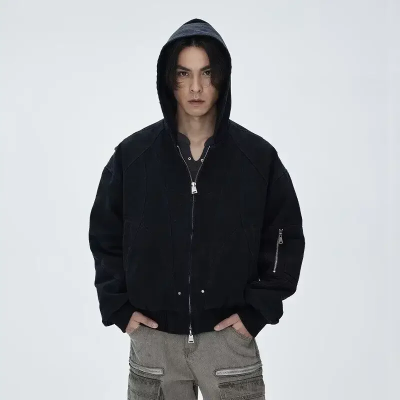 

Vintage Washed American Style Men Jackets Cotton Bomber Hooded Loose Coat Casual Trendy Brand High Street Jacket Men Streetwear