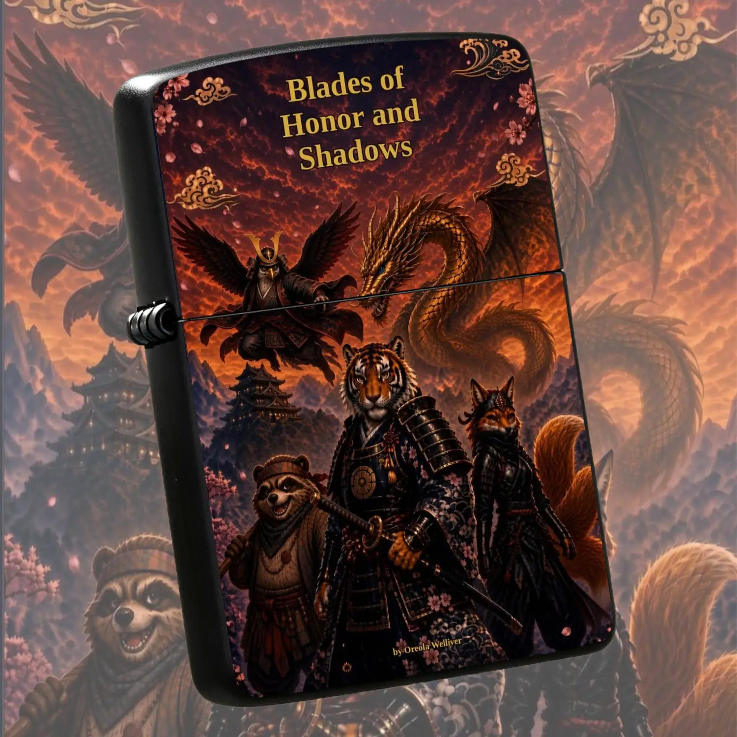 Japanese Fantasy Samurai Themed Lighter Blades of Honor and Shadows Original Cover Pattern Stylish Portable Daily Companion Full Scenario Suitable Ideal for Gifting PersonalDaily Use for All Occasions A Humorous And Interesting Lighter