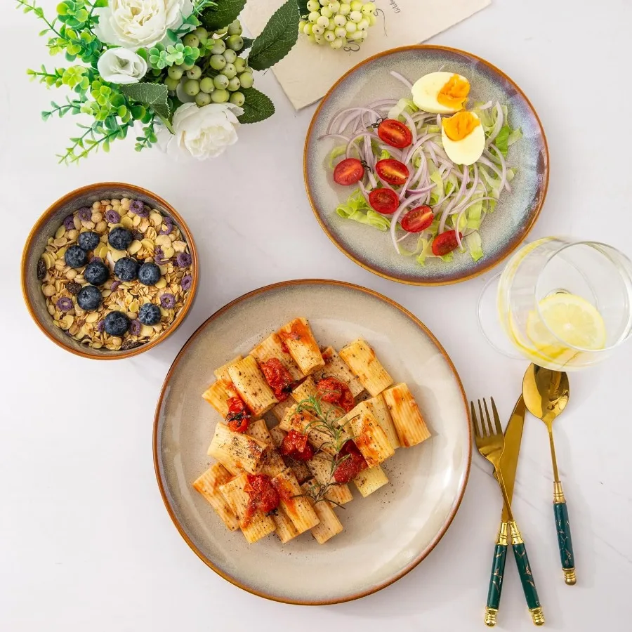 Conjuntos de louças de cerâmica para 4 incluindo pratos e tigelas de cupê altamente resistentes a lascas e a rachaduras, adequados para máquina de lavar louça e micro-ondas