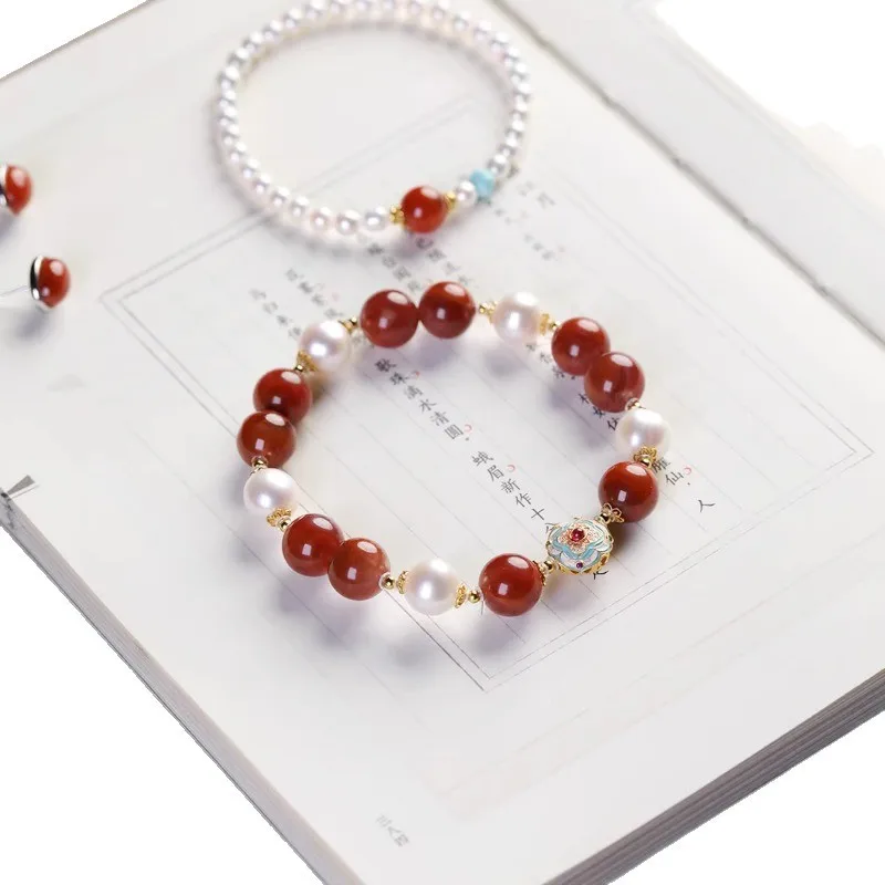 Natural Red Agate Beaded Bracelet for Women with Chinese Style Pearl Accents 2026 Gifts