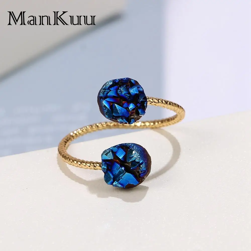 

Mankuu Natural Quartz Round Druzy Crystal Stone Adjustable Rings For Women Fashion Jewelry