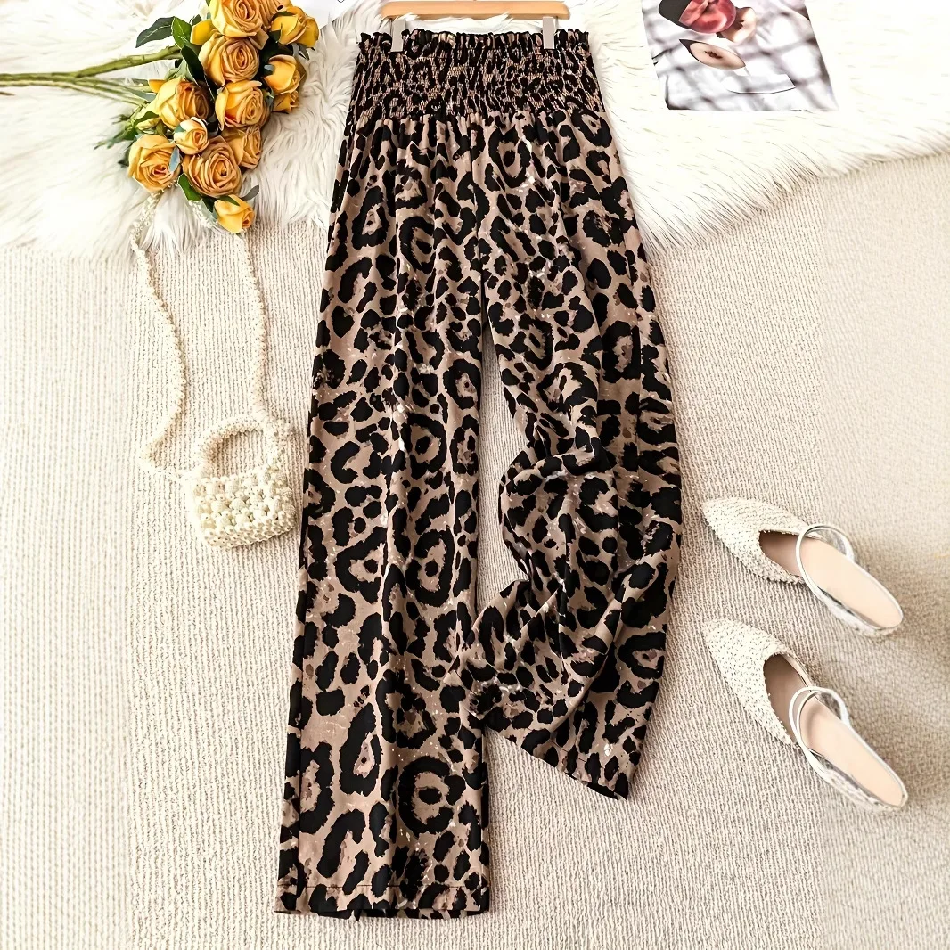 

2025 New Women's Trousers Leopard Print Casual Pants Elastic Waist Loose Wide-leg Pants Europe and America