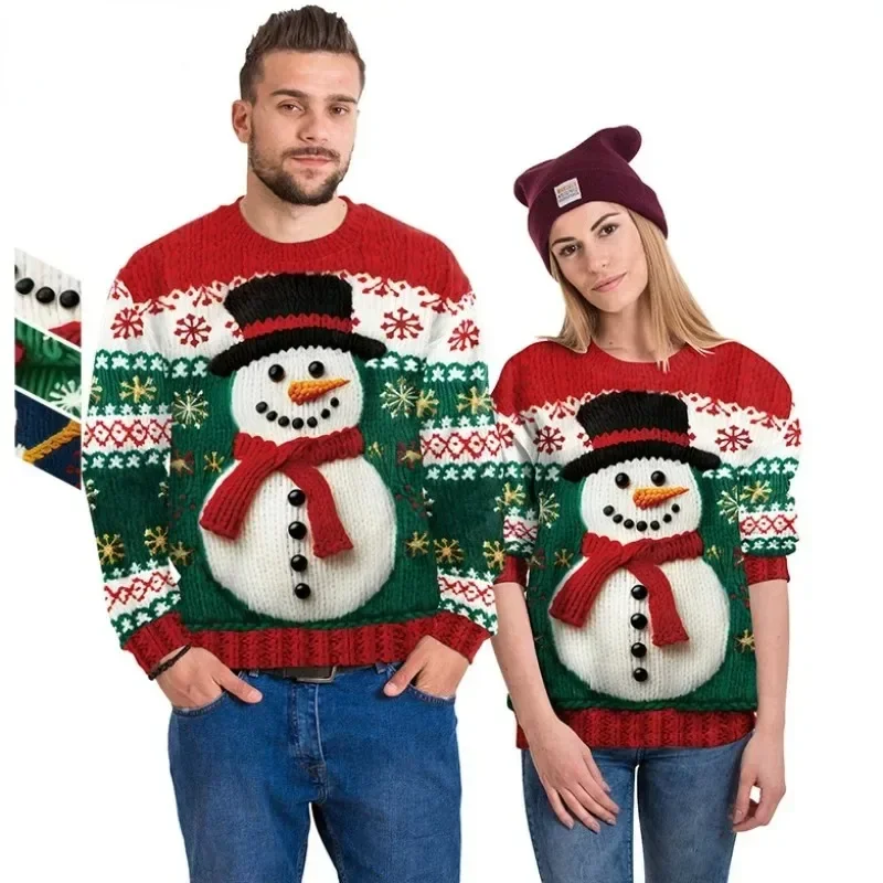 

2024 Christmas Couples Sweatshirts Snowman Christmas Tree Pattern Sweater Pullovers Winter Jumpers Warm Thicken Knitwear