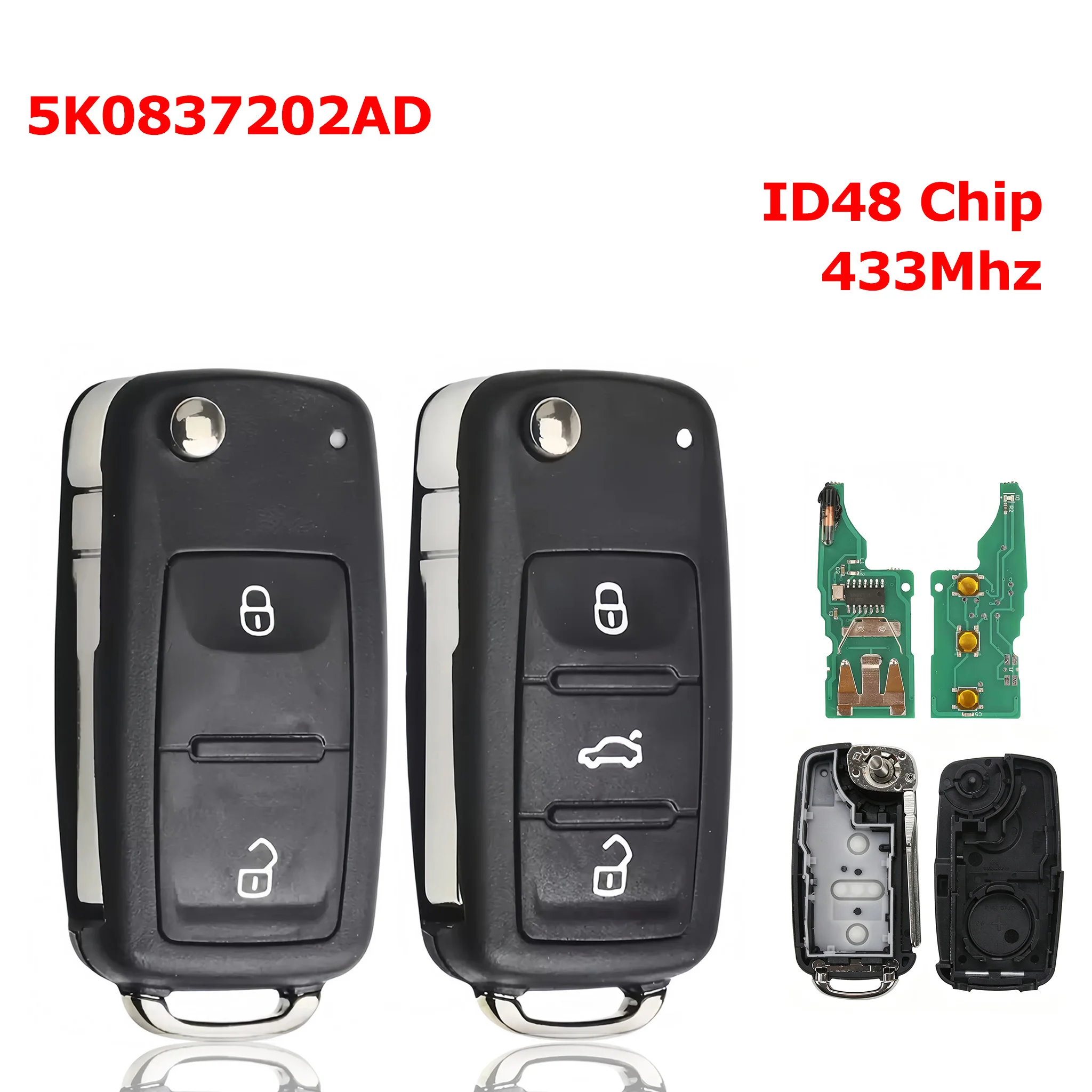 

5K0837202AD With ID48 Chip 433Mhz Car Remote Key 2/3 Buttons For VW Golf Passat Polo Beetle Caddy Eos Jetta Scirocco Tiguan