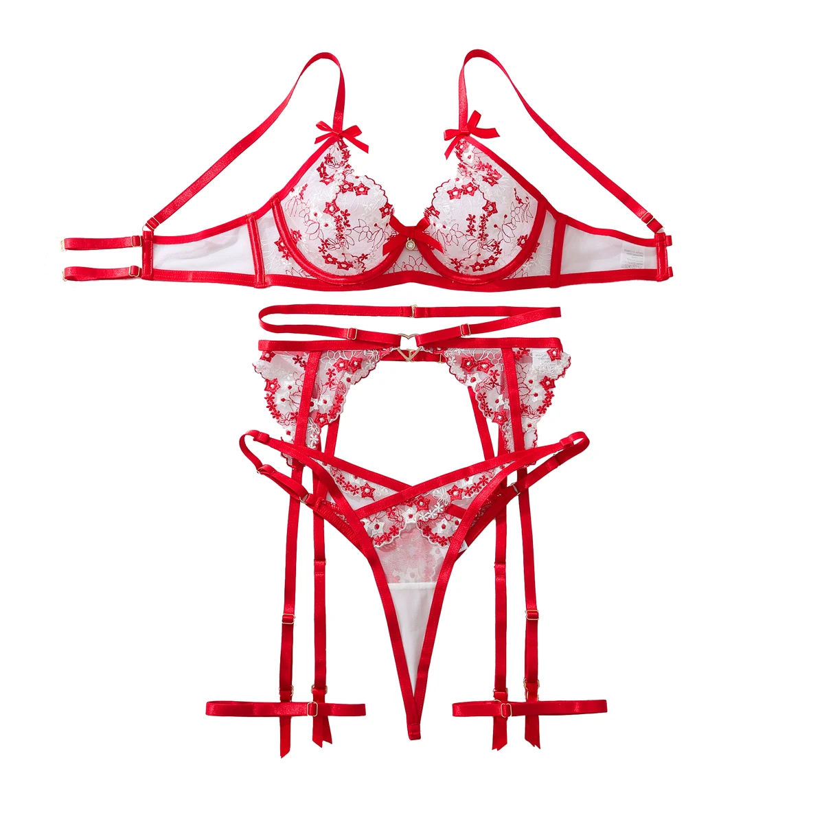 

2025 Pure Desire Bow Decoration Fashion Contrast Embroidery Body shaping Sexy Underwear Split Set