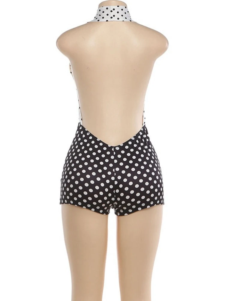 Leosoxs licou dos nu combishort femme à pois imprimé Patchwork maigre 2026 été tendance rue Sexy maigre Stretch barboteuses