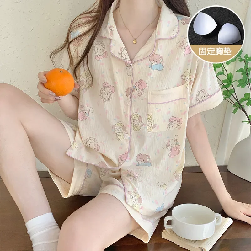 Pyjamas Women's Clothing Summer Short Sleeve Cardigan Chest Pads New Thin Home Loose Casual Soft High Quality  Cool Skinny Sweet