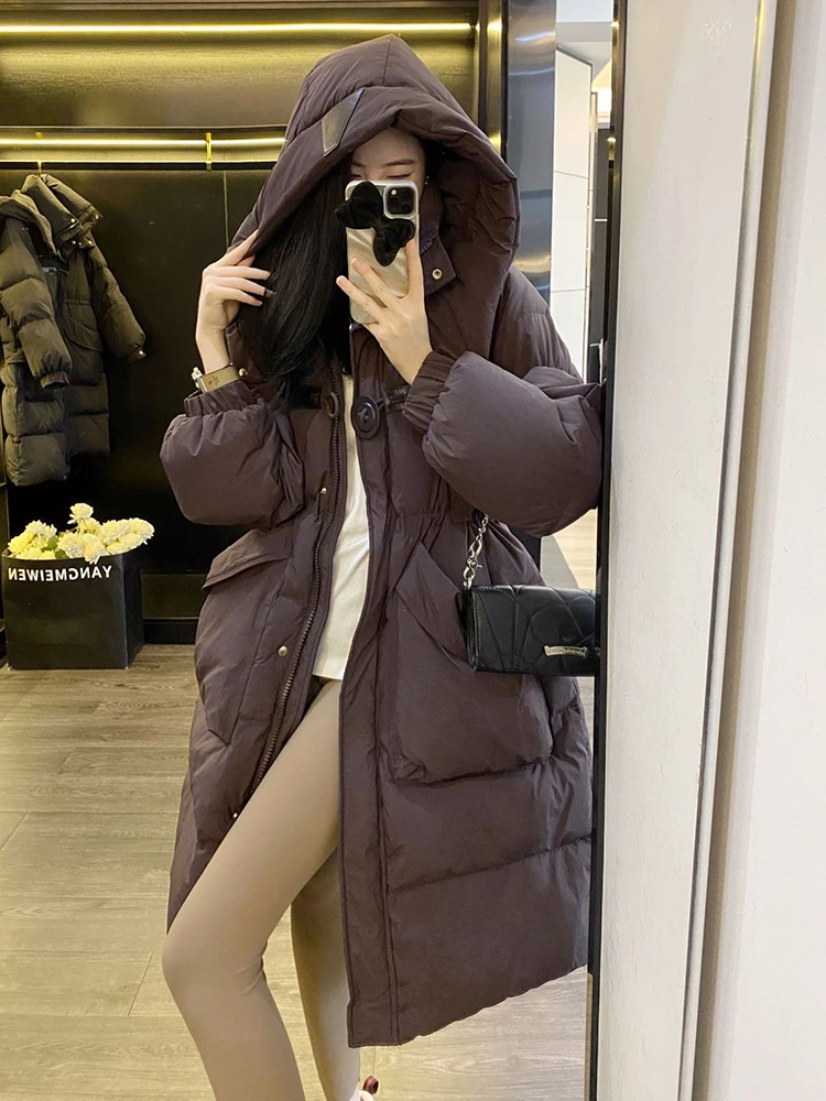 

Winter Mid Length Removable Hooded Down Jacket Women White Duck Down Parker Down Jacket Female Big Pocket Versatile Warm Outwear