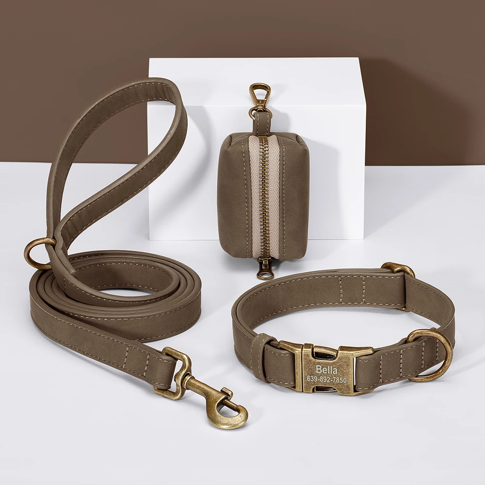 Collar de perro personalizado, conjunto de bolsa con correa, collares de cuero PU personalizados para perros, Collar Vintage con hebilla para mascotas con bolsa de caca de plomo para perros Pug