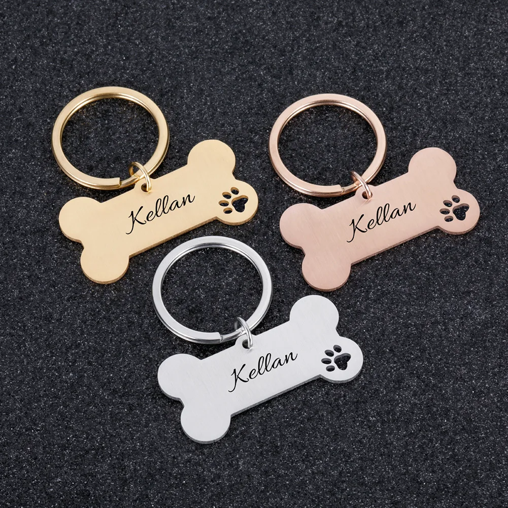 Etiquetas de identificación de hueso de espejo brillante personalizadas para mascotas, grabado de nombre, gatito, cachorro, Collar antipérdida,