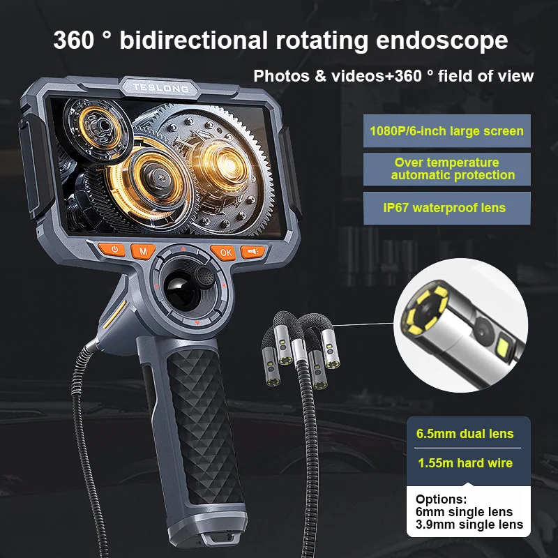 6-inch screen 3.9/6.5mm single/dual lens 2-way 360° handheld HD 1080P industrial auto repair waterproof pipe detection endoscope