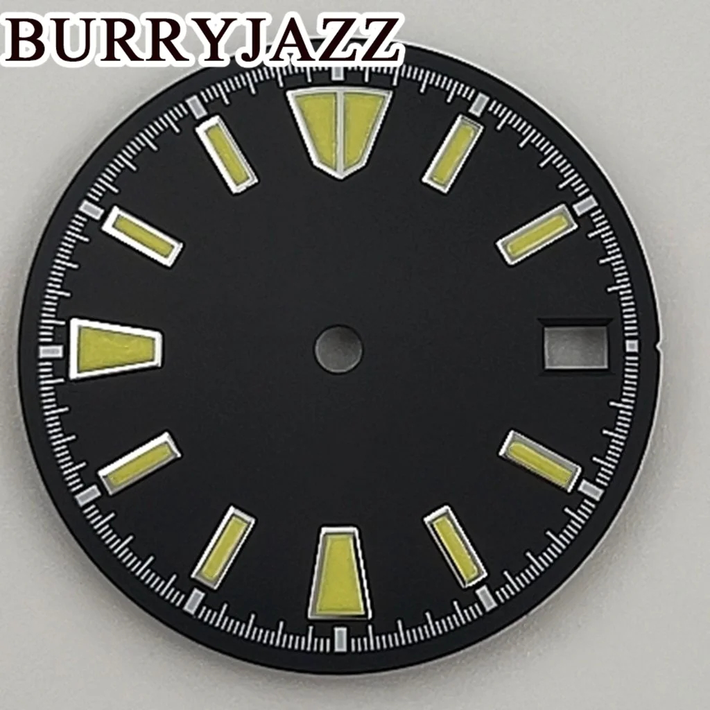 BURRYJAZZ 28.5mm No Logo NH35 Watch Dials Black Dial Green Luminous Fit 3 O'clock 3.8 O'clock Case Crown