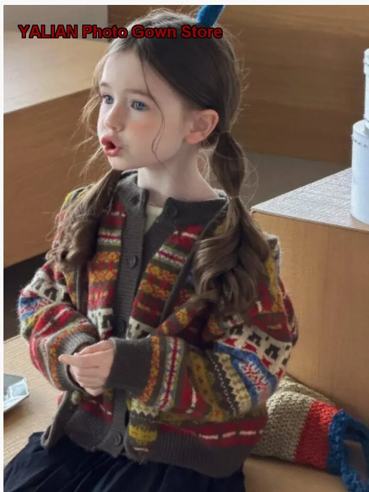 Girls Fair Isle Knit Coat Kids 2026 Autumn Stylish Warm Wear