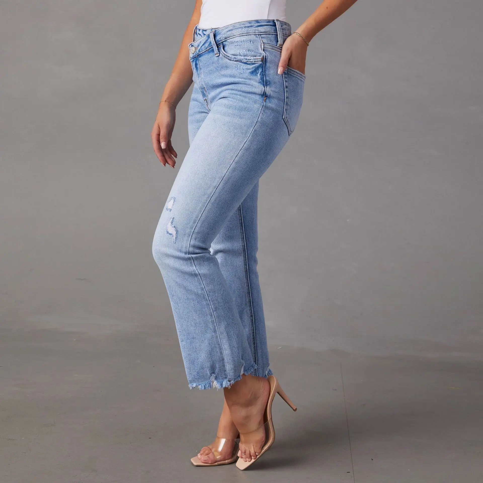 ใหม่ผู้หญิงยืด SLIM FIT สีฟ้าคุณภาพสูงกางเกงยีนส์เอวสูง Casual Lady หญิงตรง DENIM กางเกง