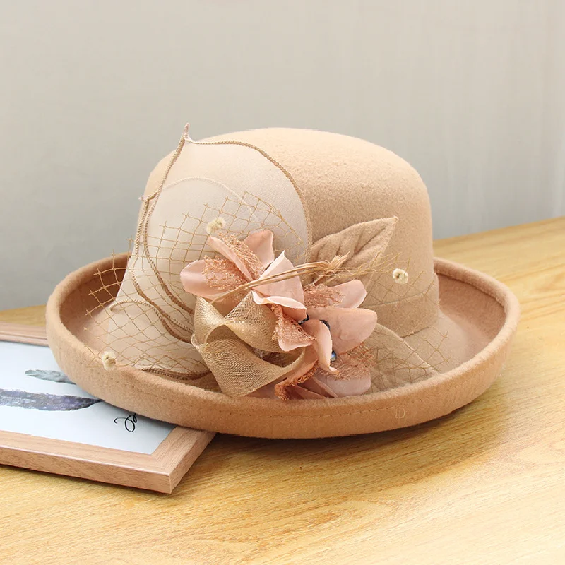 Celebrity hat women's british fall and winterfashioneasiest for matchheattech curled basin hat dome mesh flower fisherman hat