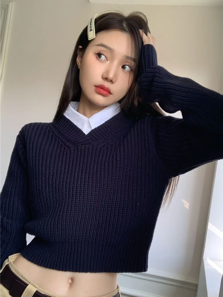 Preppy Style Blue Cropped Sweater Women Harajuku Vintage Oversized Knitted Jumper Korean Casual Pullover Y2K Tops Kpop