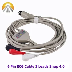 AAMI 6 Pin 3 Leads ECG Cable One Piece Snap 4.0 AHA Standard for Multi Brand Patient Monitor Mindray Carewell Edan Biolight CSI