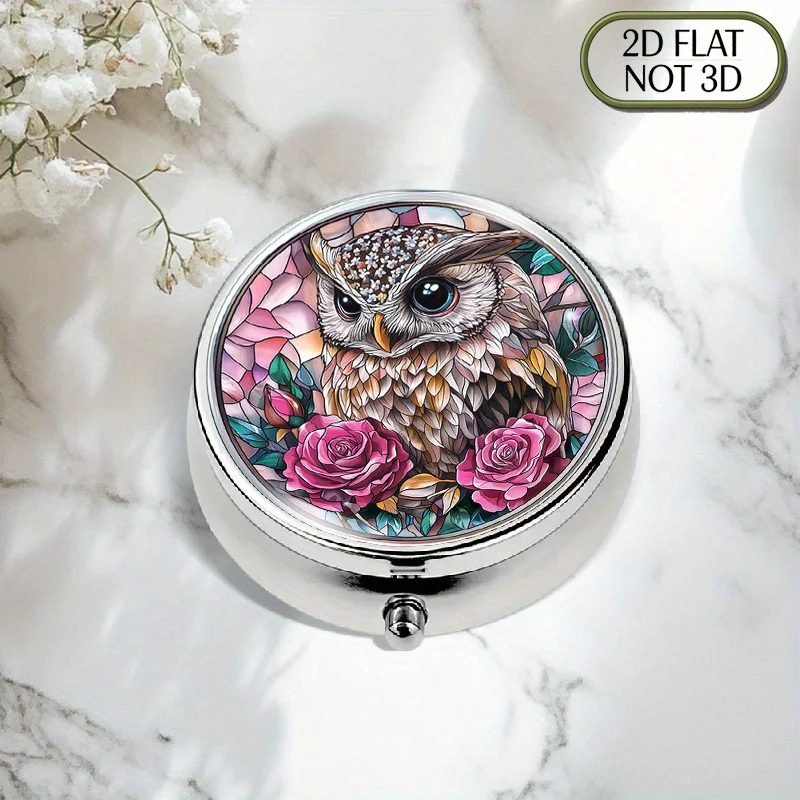 Single-piece flat, portable, round metal pill box, designed with a colorful glass owl and rose pattern, in a pink color scheme, is an ideal choice for organizing medication, storing vitamins, and other items. The perfect gift for friends and relatives on holidays like Independence Day and other summer holidays, flat design