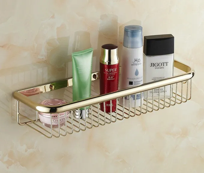 

45 cm Gold Color Brass Bathroom Shower Basket Soap Sponge Shower Storage Basket Shelf Shampoo Holder Dba096