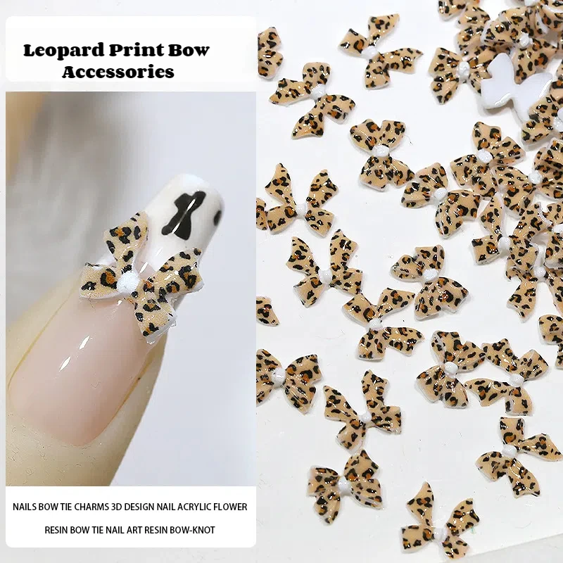 20 piezas con estampado de leopardo, lazo de cinta, abalorios de resina para uñas, accesorios de estilo de lazo Kawaii para suministros de diseño artístico de uñas DIY