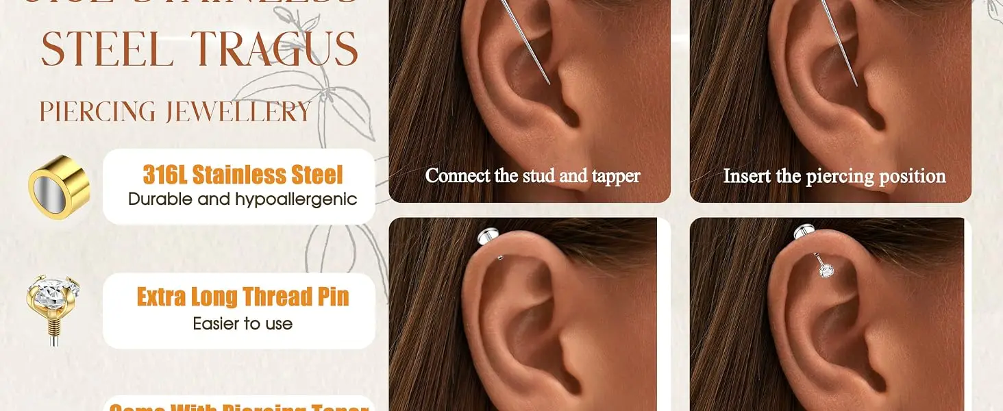 Drperfect 1 Stück Tragus-Piercing-Schmuck, innen gewindeter Helix-Piercing-Ohrstecker aus chirurgischem Stahl mit flacher Rückseite für Damen, 6/8 mm – Detail 5