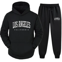 American Style Hooded Sweatshirt 2pcs Set Mens Los Angeles Printed Hoodies Jogging Pants Male Winter Causal Sports Tracksuit