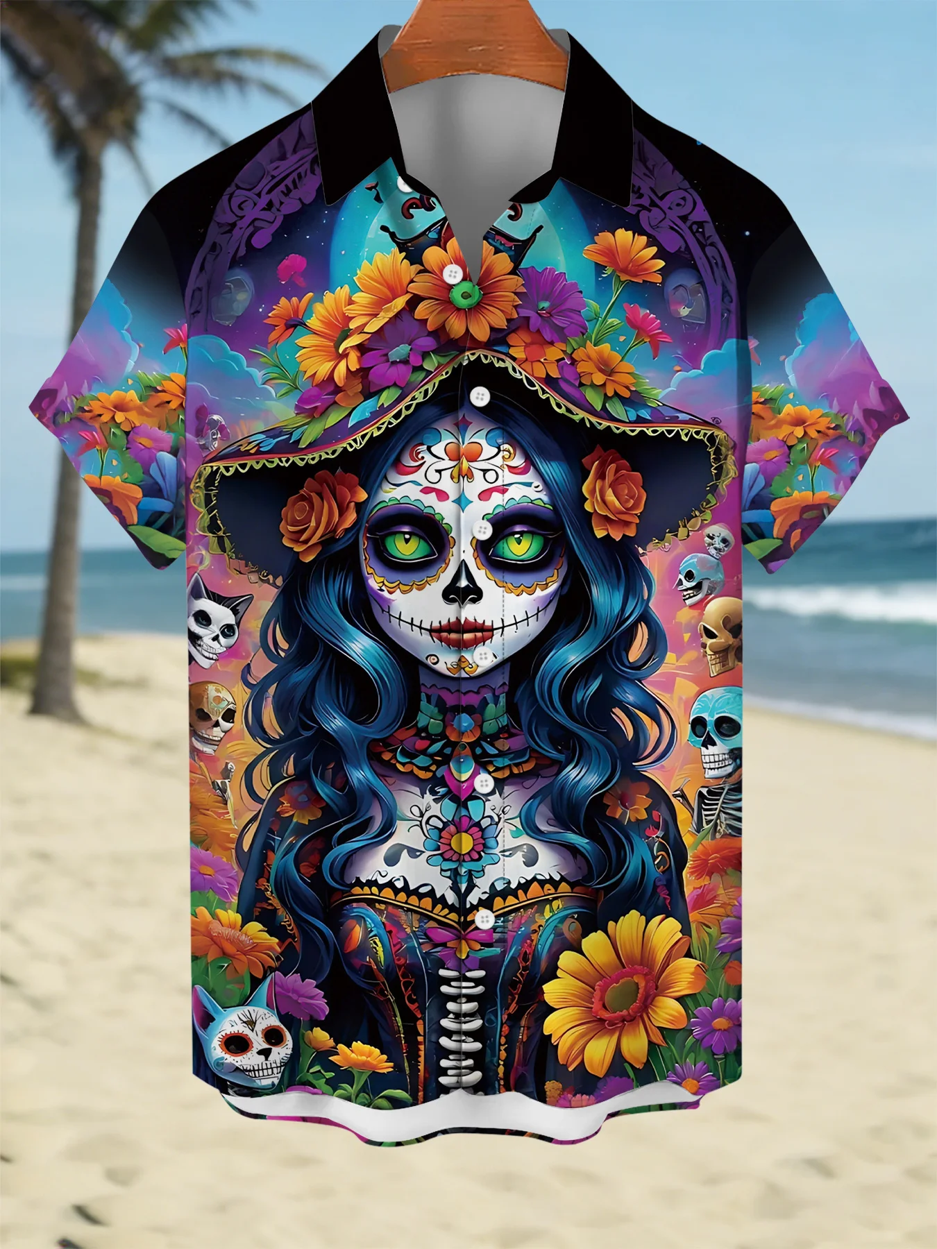 Men Day of The Dead Sugar Skull Lady Floral Print Short Sleeve Shirt Lapel Collar Button‑Up Polyester Party Blouse