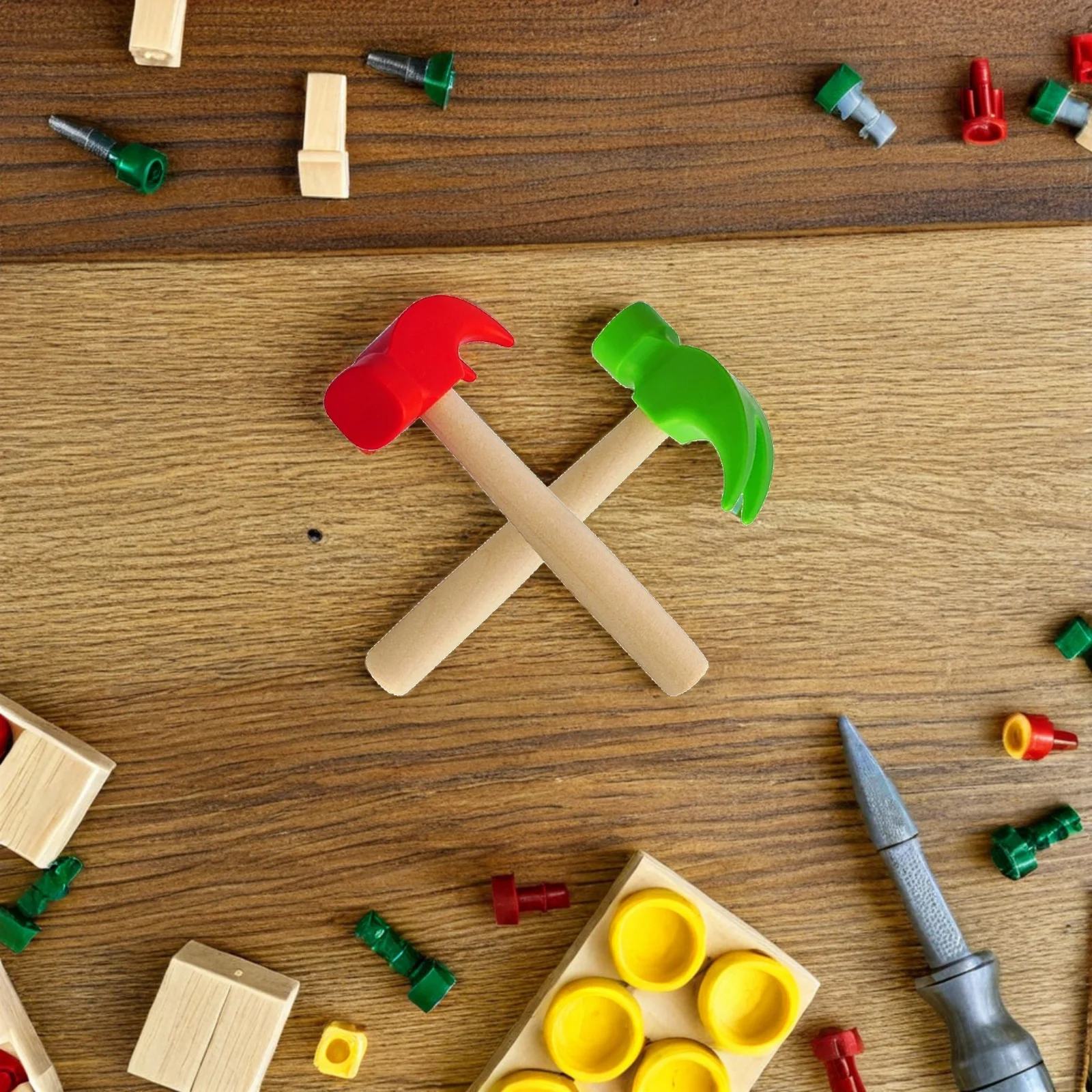 Conjunto de martelo de madeira para crianças, 4 unidades, simulação brilhante, ferramentas de manutenção, batendo educacional, festa de aniversário, 16.5x8x2.5cm