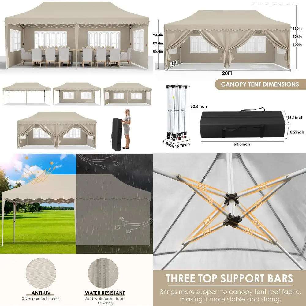 

Heavy-Duty 10x20ft Pop-Up Canopy Tent with 6 Sidewalls, Adjustable Height for Large Wedding and Party Use, Commercial Gazebo Ide