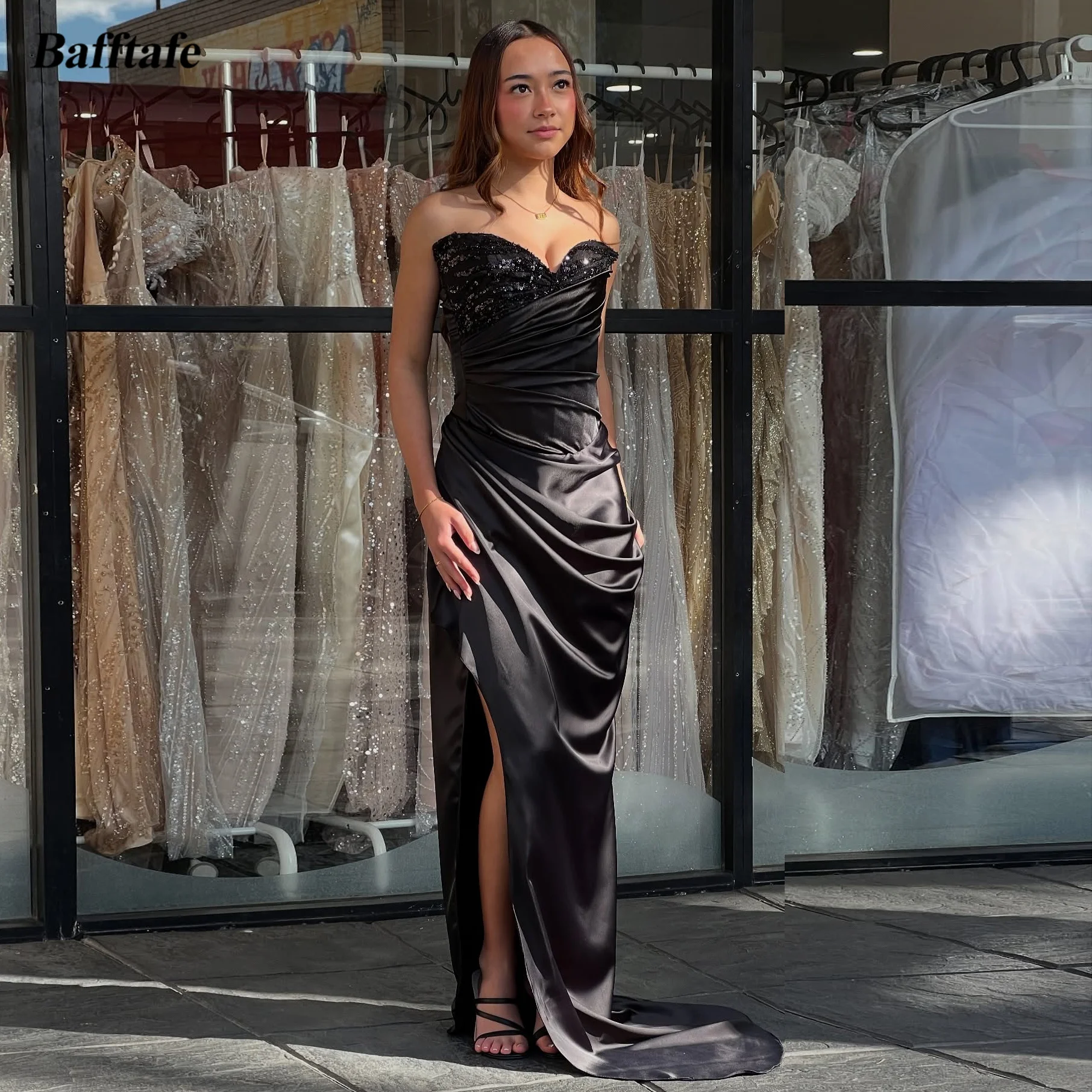 

Bafftafe Customized Mermaid Evening Gowns Beaded Sweetheart Slit Women Formal Party Prom Dresses Satin Special Birthday Dress