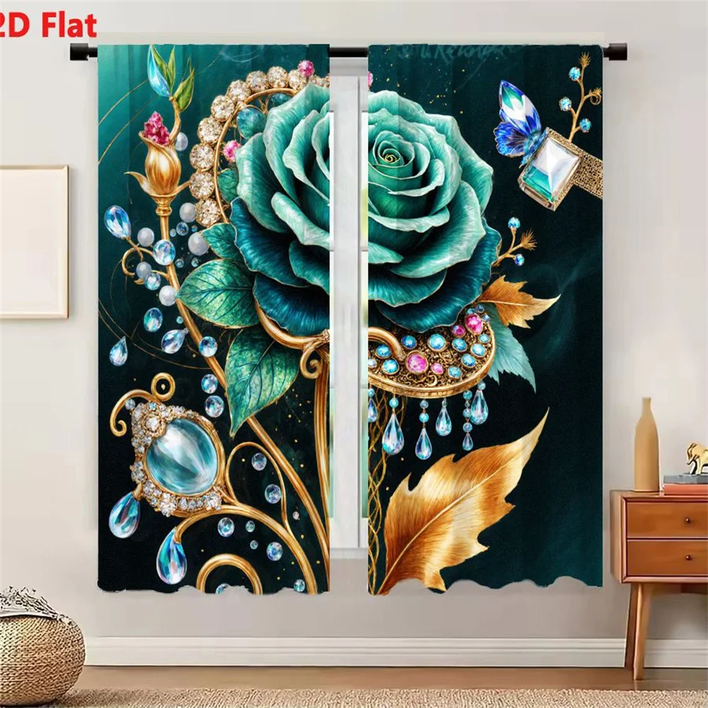 2Pcs Curtains 2D Flat Ornate Fantasy Teal Rose Illustration with Golden Vine Jewels Blue Pink Gems Butterfly Window Drapes for B
