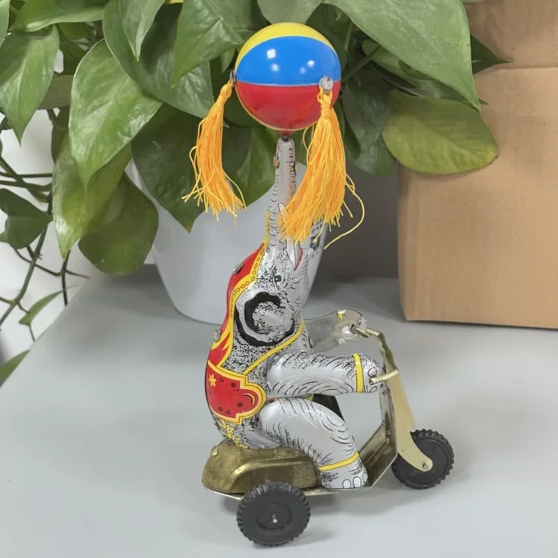 Adult Collection Retro Wind Up Toy Metal Tin Elephant Ride Bike with Top Ball Mechanical Clockwork Figures Model Kids Xmas Gift