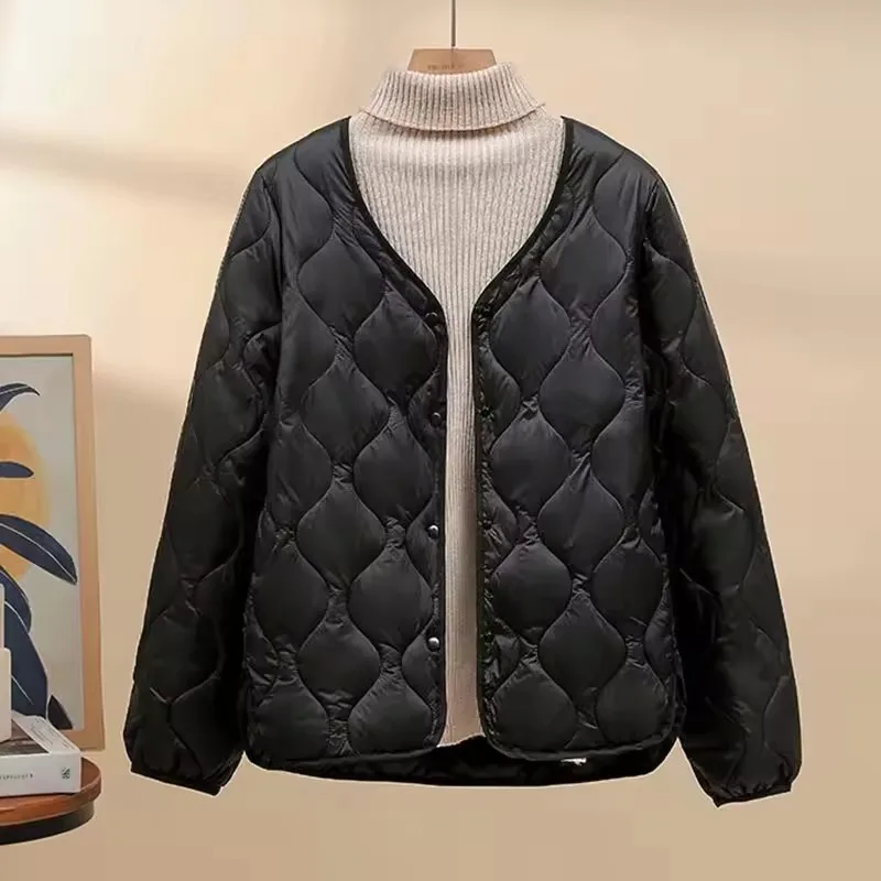 2025 Autumn Winter Women Lightweight Cotton Coat Collarless Quilted Jackets Solid O-Neck Keep Warm Puffer Overcoat Female Parkas