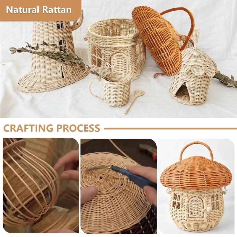 Rattan Mushroom Storage Basket Cute Cartoon Handwoven Nut Wicker Handbag Outdoor Picnic Women Tote Straw Bag Children Organizer