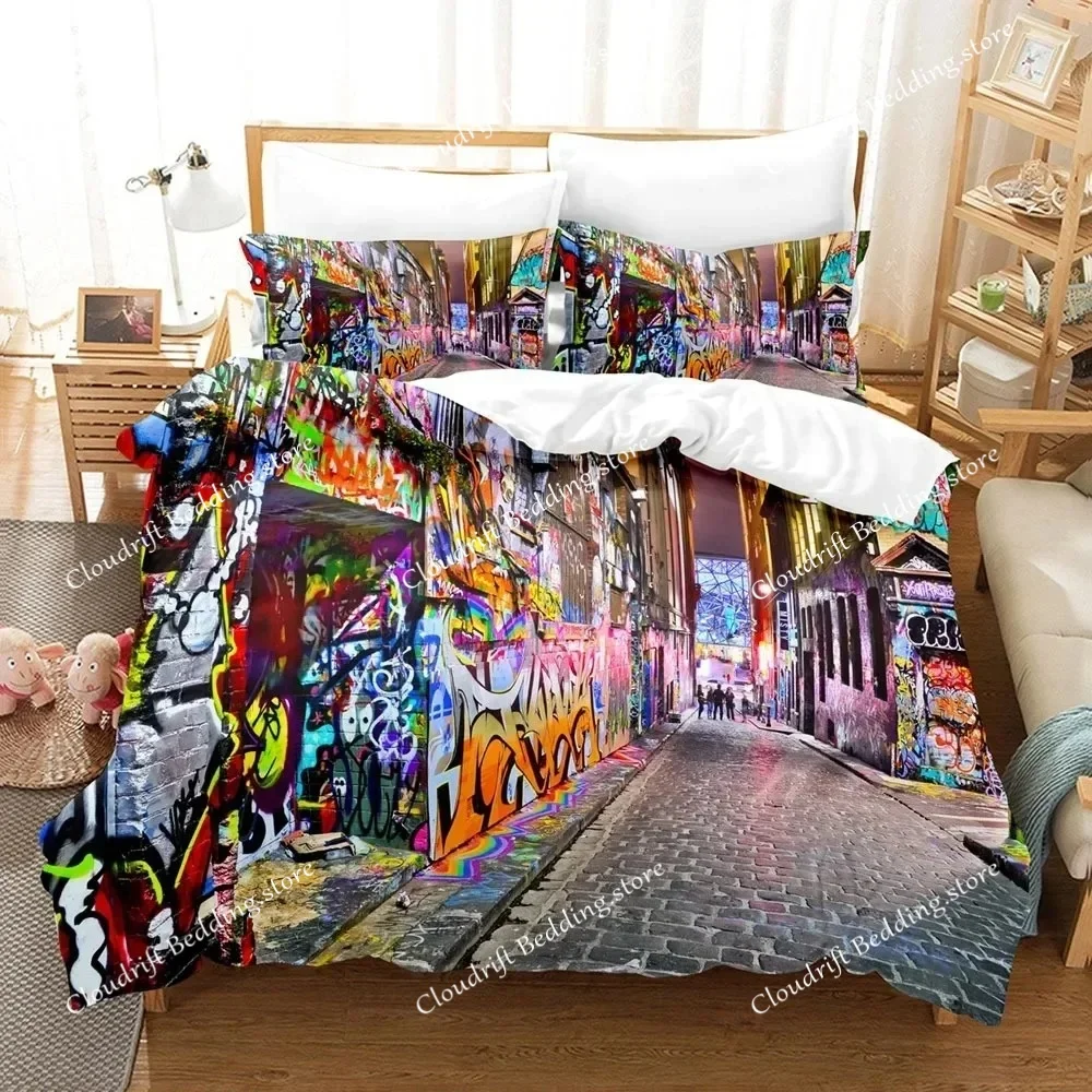 Graffiti Duvet Cover Set Youth Modern Wall Urban Street Art Painting Polyester King Queen Size Bedding Set with Pillowcases