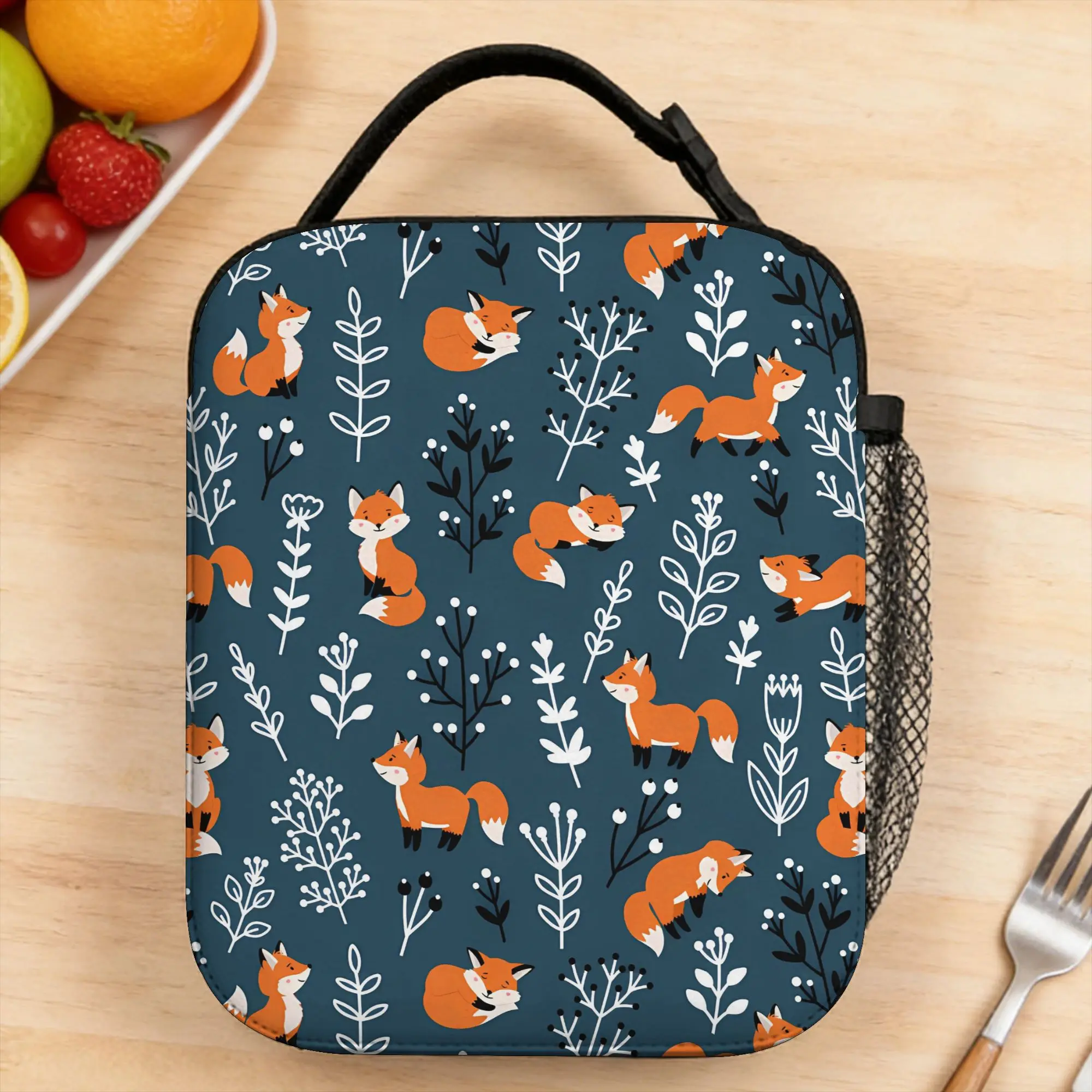 Cute Foxes Dark Blue Winter Pattern Lunch Bag For Unisex  Print Outdoor Picnic Lunch Box Fun Portable Zipper Oxford Cooler Bag